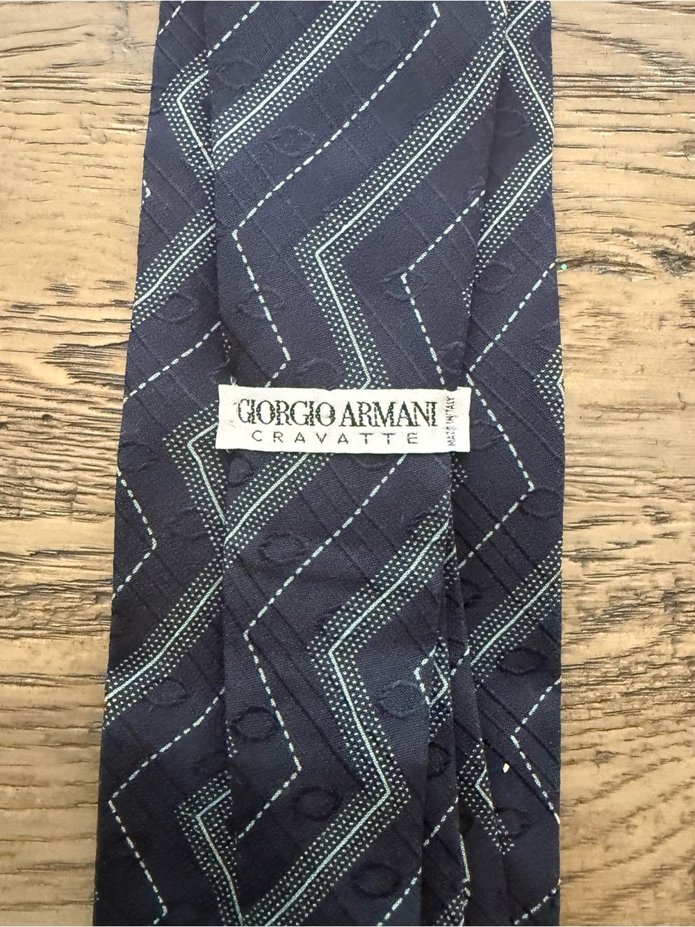 Giorgio Armani Navy Silk Tie with Light Blue Geometric Stitching